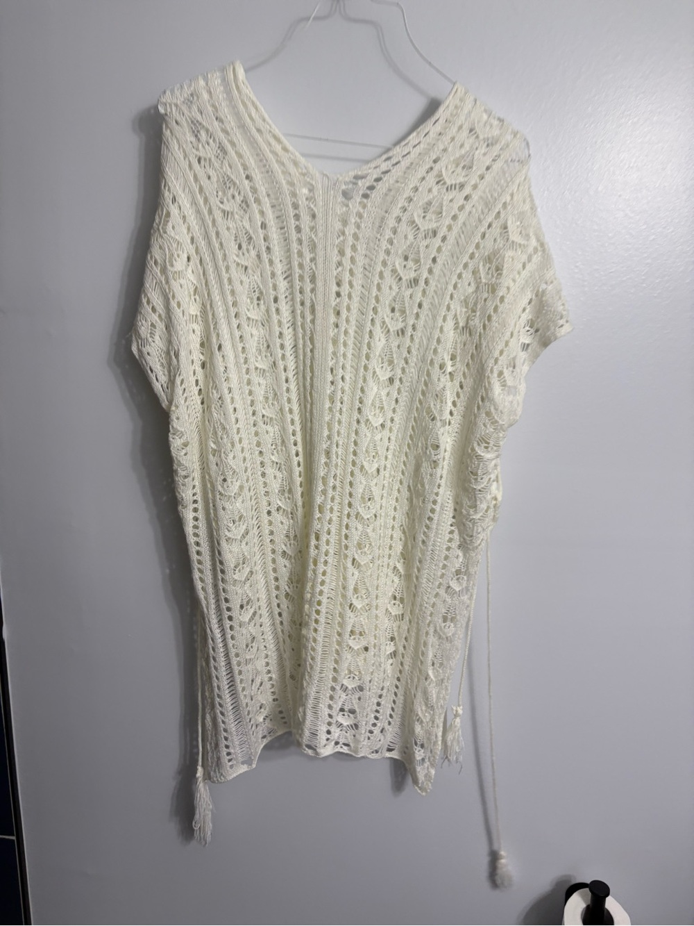 Boho Cream Crochet ladies Poncho Top One Size Tassel Festival Coverup Fairycore